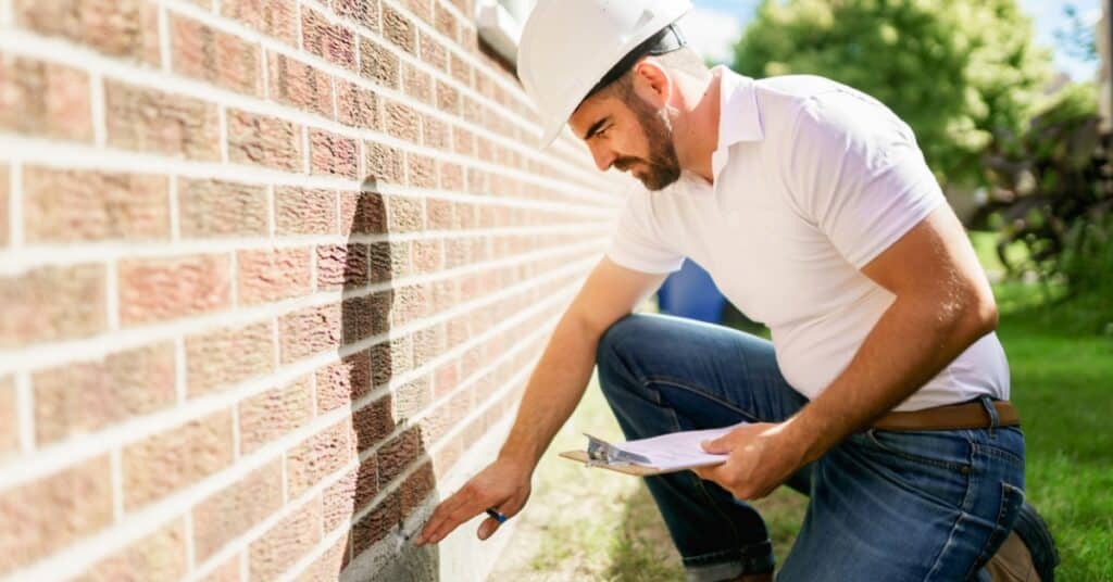 A man in a white hard hat kneels and touches where an exterior brick wall meets the foundation. He holds a clipboard.