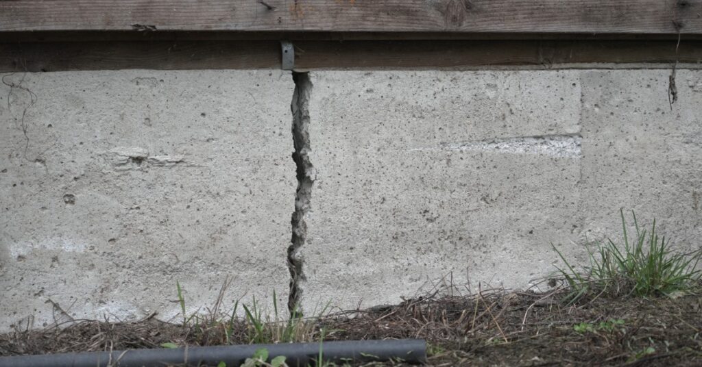 Close-up of a jagged, vertical crack in a concrete foundation. It runs from just under a wooden board to the soil line.