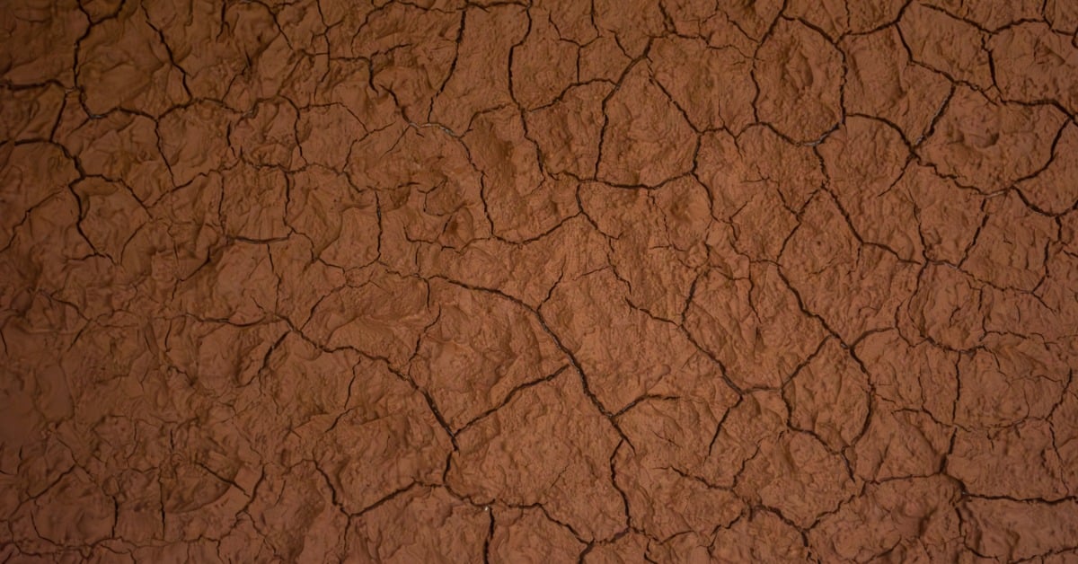 Downward view of cracked clay in shades of rust and dark brown. The cracks split the ground into jagged sections.