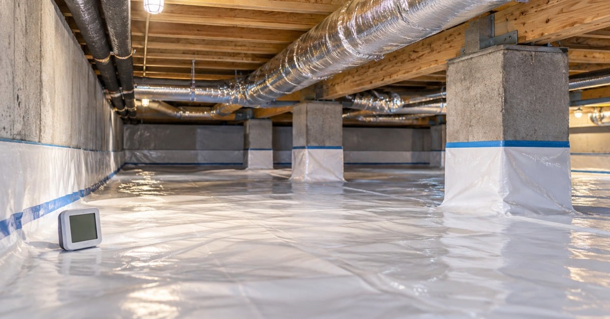 A clean crawl space has white plastic sheeting covering the ground and wrapping around concrete support columns.