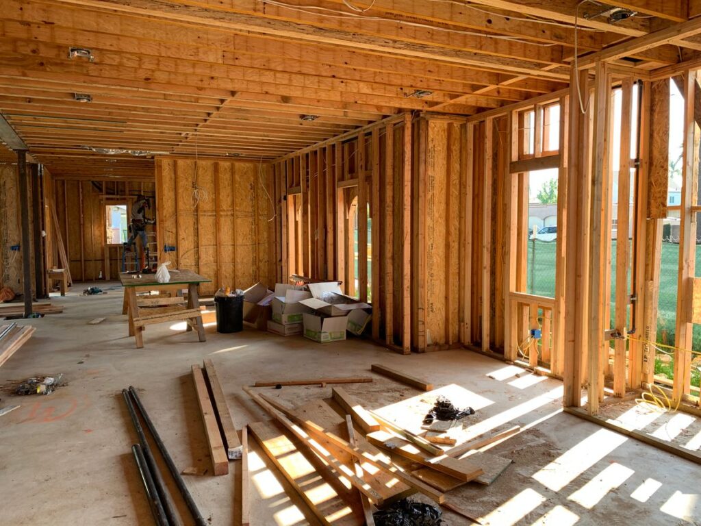 Wood framing with structural plywood wall sheathing