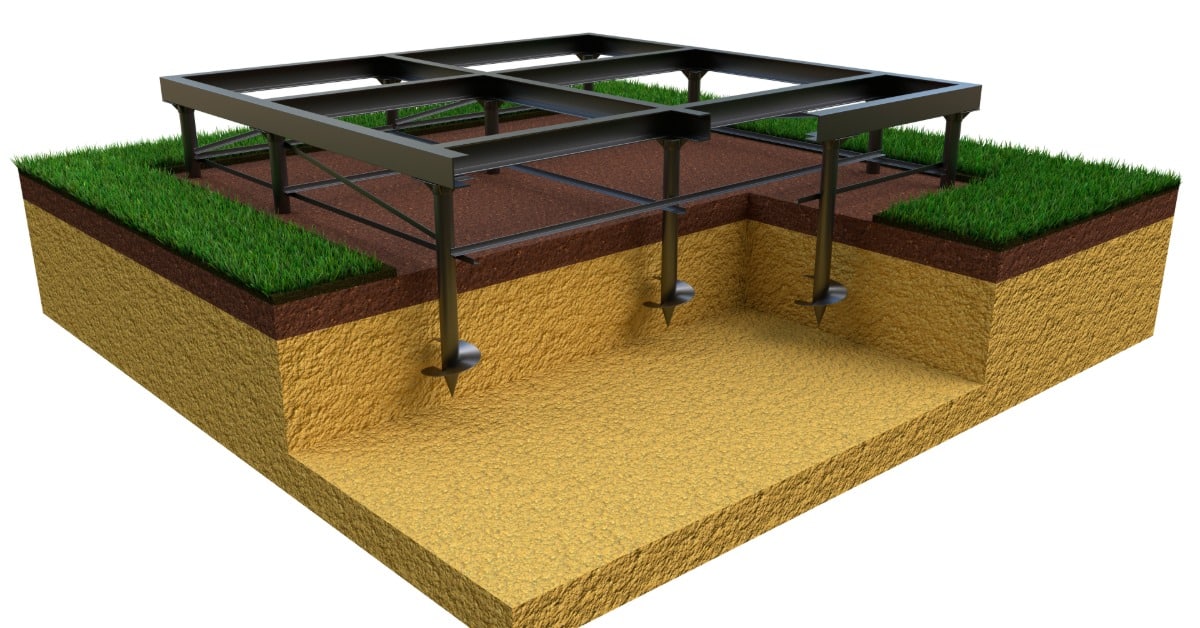 A 3D illustration shows a black steel framework supported by four helical piers extending deep into the ground.